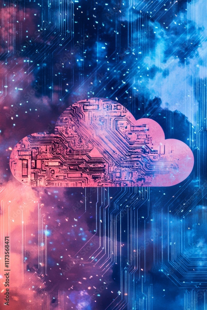 Poster abstract cloud data art with watercolor wash effect and circuitry background for information storage