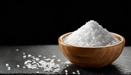 salt in timber bowl on darkish stone table sea salt on black history
