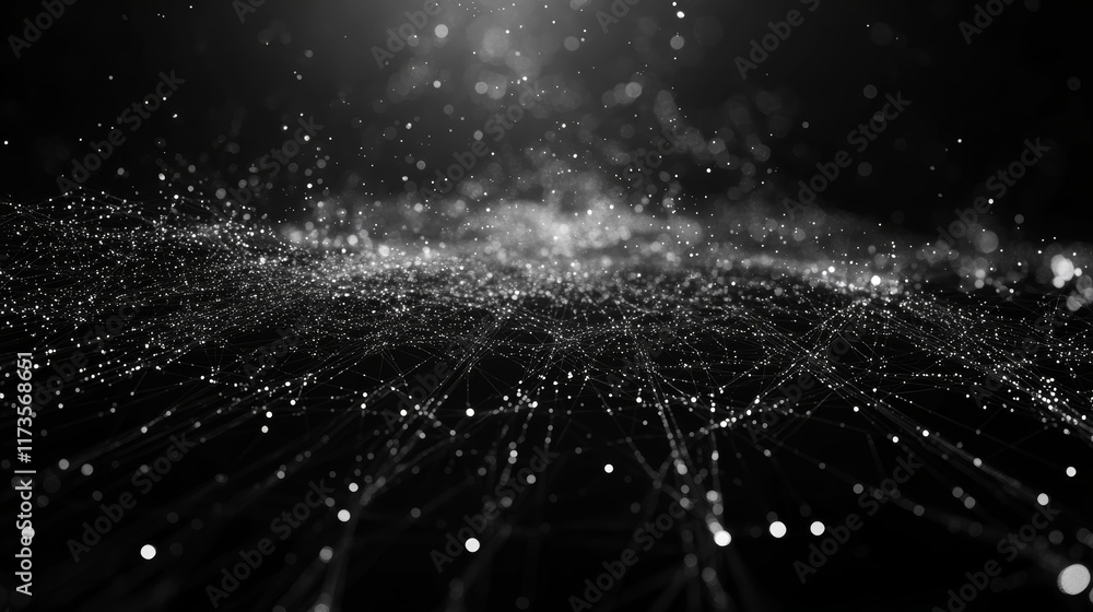Poster explore an abstract visualization of data networks with nodes and light points scattered in empty sp