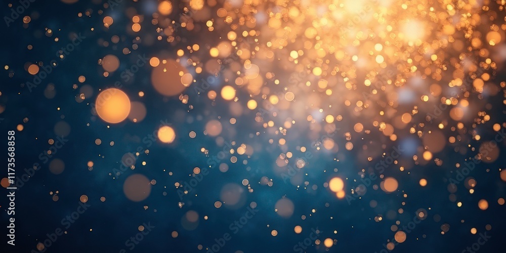 Poster golden hour sparkle: abstract bokeh background with warm golden lights on a deep blue backdrop. perf
