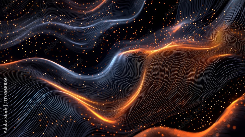 Poster abstract digital background of flowing data streams with glowing particles and curved lines