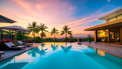 Fototapeta premium Breathtaking Coastal Retreat: Infinity Pool and Sunset Paradise
