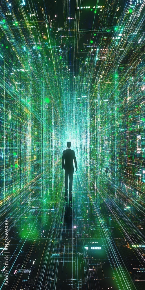 Poster immerse yourself in a captivating scene of a silhouette navigating through a vibrant digital network