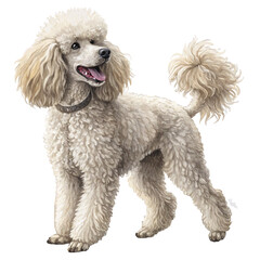 A full-body illustration of a Poodle with curly fur, set against a white background, showcasing its elegant and refined appearance.