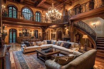 A lavish living room featuring a grand chandelier, ornate staircase, and plush seating in a vintage mansion setting.