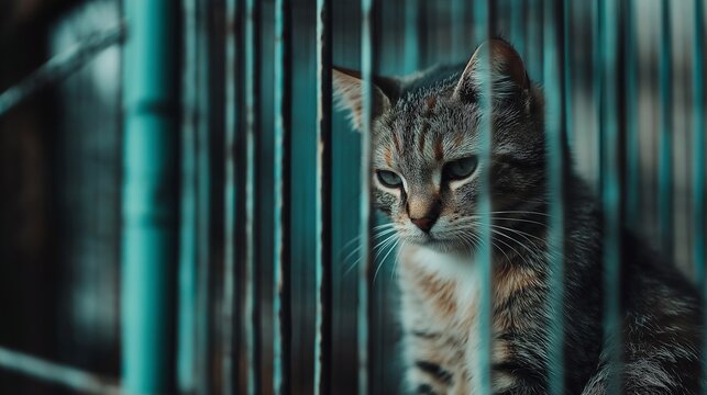 sad cat in animal shelter, abandoned and lonely animals, charity and animal care