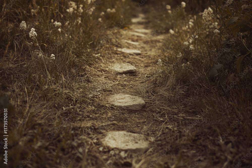 Poster path through a field of grass with stones on it. the path is narrow and the grass is tall