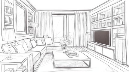 Fototapeta premium Hand-drawn sketch of a modern living room featuring a sofa, coffee table, and bookshelves, showcasing contemporary interior design.