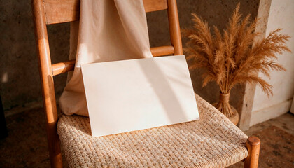 Blank paper on rustic chair with pampas grass