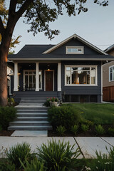 Fototapeta premium Dark Gray Craftsman House with Front Porch and Landscaping