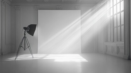 Studio Background with White Wall and Floor â€“ Empty Monochrome Room with Spotlight