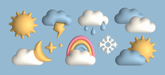 Different colorful Weather icons. Sun, cloud, snow, rain, rainbow, moon. Plasticine, modeling clay cartoon 3D style. Hand drawn modern Vector illustration. Isolated design elements