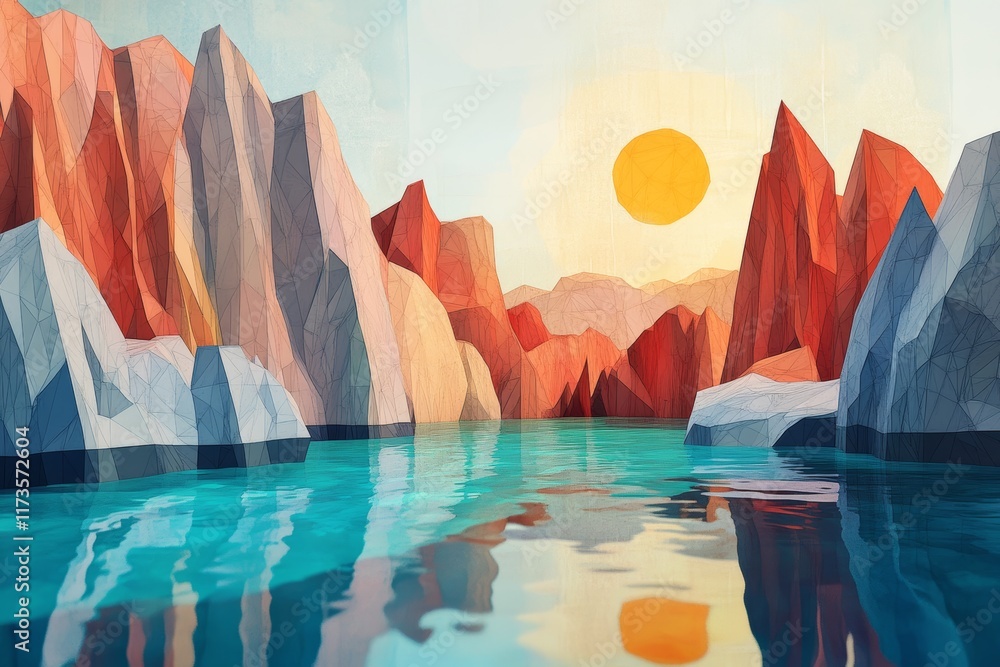 Poster a mountain range with a river running through it. the sun is setting in the background