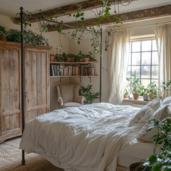 Cozy rustic bedroom with plants, window view, wood furniture, bed, relaxation