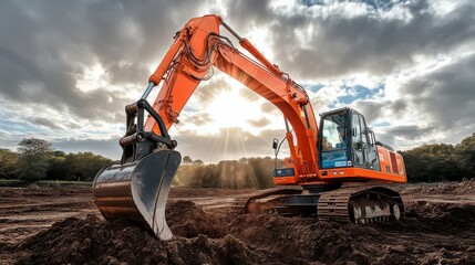 A bright orange excavator operates in a muddy field under a dramatic sky, showcasing its powerful arm and bucket during construction work.