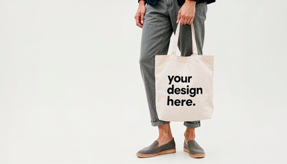 Close-up of a tote bag with text "Your Design Here"