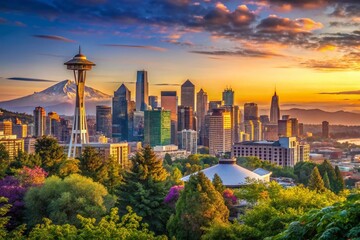 Obraz premium Stunning Seattle Panorama: Cityscape, Mountains, and Puget Sound