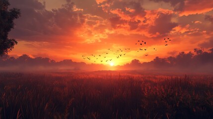 A serene sunset over a grassy field with birds flying in the vibrant sky.