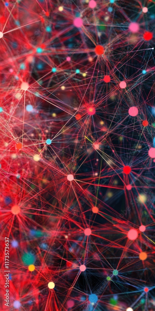 Poster abstract digital network visualization with colorful nodes and connections in a dynamic background