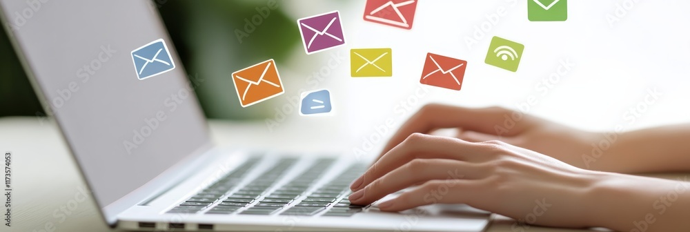Poster office worker is typing on laptop keyboard with colorful email and social media icons appearing abov