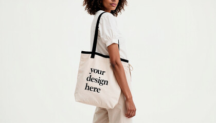 Woman carrying a tote bag with text "Your Design Here"