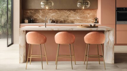 Modern coral kitchen island, three stools, marble backsplash, outdoor view