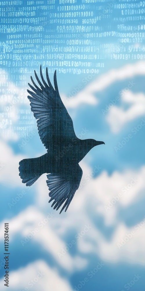 Poster black bird flying in the sky with a bunch of numbers and letters. the image has a futuristic and abs
