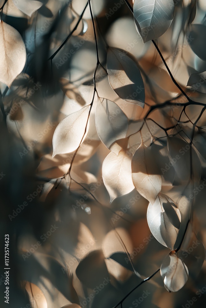 Poster a serene close-up of leaves with sunlight casting soft shadows, creating a warm and tranquil atmosph