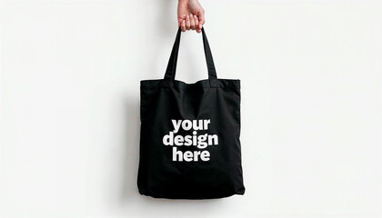 Black Tote Bag with White Design on White Background