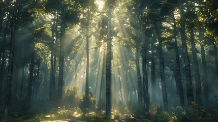 Obraz premium A forest scene with tall trees and sunlight filtering through, with a mockup at the center of the wall. full ultra hd, high resolution