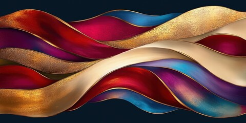 Luxurious golden waves, flowing abstract curves, smooth metallic texture, shimmering liquid gold, dynamic fluid motion, rich amber hues, sleek futuristic design, elegant swirls, glossy reflective surf