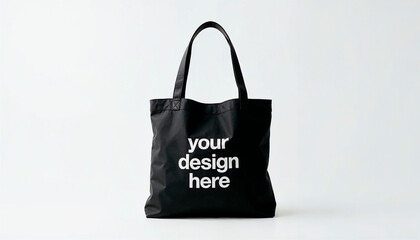 Black Tote Bag with White Design on White Background
