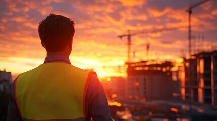 Fototapeta premium A construction worker in a reflective vest watches a vibrant sunset over a city skyline filled with cranes and building sites.