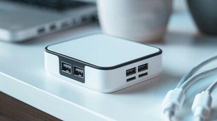 Sleek universal charger with multiple ports on a minimalist white surface, showcasing versatility and modern design for efficient device charging solutions.