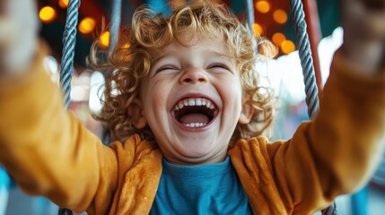 A young child's gleeful laughter captured during a swing ride in a background of vibrant colors, representing innocence, joy, and the bliss of childhood.