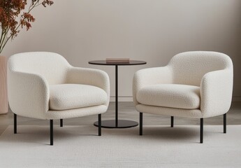 Cozy Cream Armchairs and Minimalist Side Table in Modern Living Room Setting with Warm Neutral Tones and Soft Textures for Elegant Home Decor Inspiration