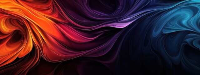 Fototapeta premium Abstract waves, vibrant colors, fluid motion, dynamic curves, blue orange purple gradients, flowing energy, organic shapes, smooth blending, digital art, colorful swirls, glossy texture, futuristic de