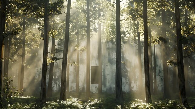 A forest scene with tall trees and sunlight filtering through, with a mockup at the center of the wall. full ultra hd, high resolution - Powered by Adobe