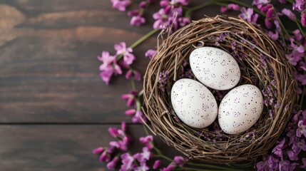 Fototapeta premium Beautifully Decorated Eggs in a Nest Surrounded by Purple Flowers, Perfect for Spring Celebrations, Easter Activities, and Nature-Themed Decor Ideas