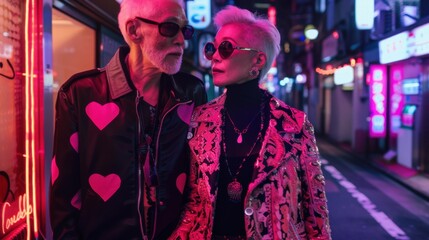 Obraz premium Fashionable elderly senior couple in futuristic colorful high-fashion outfits, bold designs, modern accessories, creative Valentine’s Day theme, urban setting, stylish textures, festive aesthetic.