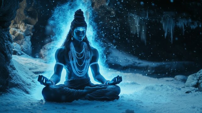 Shiva in deep meditation inside a snowy Himalayan cave, gentle snowfall around, blue glowing aura