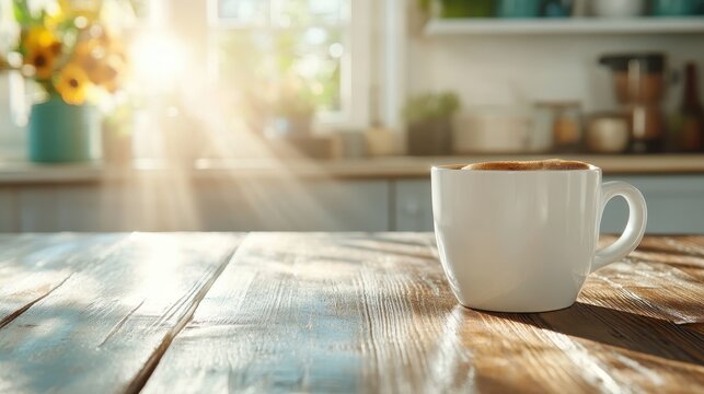 A sunlit kitchen scene featuring a cup of coffee on a glossy wooden table, with the morning sun's rays creating beautiful patterns and a cozy atmosphere.