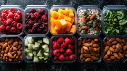 Modern plastic boxes filled with a diverse mix of nuts, fruits, and seeds, creating an easy, accessible solution for maintaining a healthy diet and meal preparation.