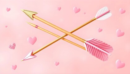 Crossed Cupid's Arrows with Pink Hearts on a Pastel Pink Background