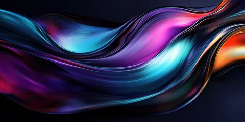 Abstract waves, flowing curves, vibrant colors, teal and purple, smooth gradients, dark background, glossy texture, dynamic composition, 3D rendering, digital art, futuristic design, sleek aesthetic, 