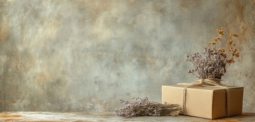 A rustic table with an eco-friendly cardboard box tied with twine and dried flowers