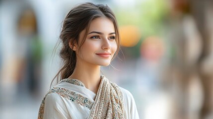 Elegant woman in contemporary intricate outfit with subtle embroidery.