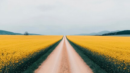 Obraz premium Serene Road Amidst Vast Yellow Fields Under Soft Cloudy Sky, Inviting Calmness and Reflection in Nature's Beauty