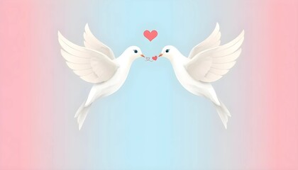 Fototapeta premium Two White Doves in Flight, Sharing a Heart, Perfect for Valentine's Day