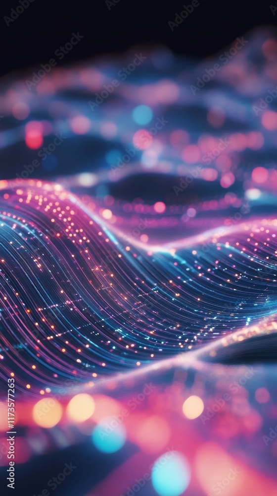 Poster a colorful wave with many small dots. the dots are in different colors and sizes. the wave is in the
